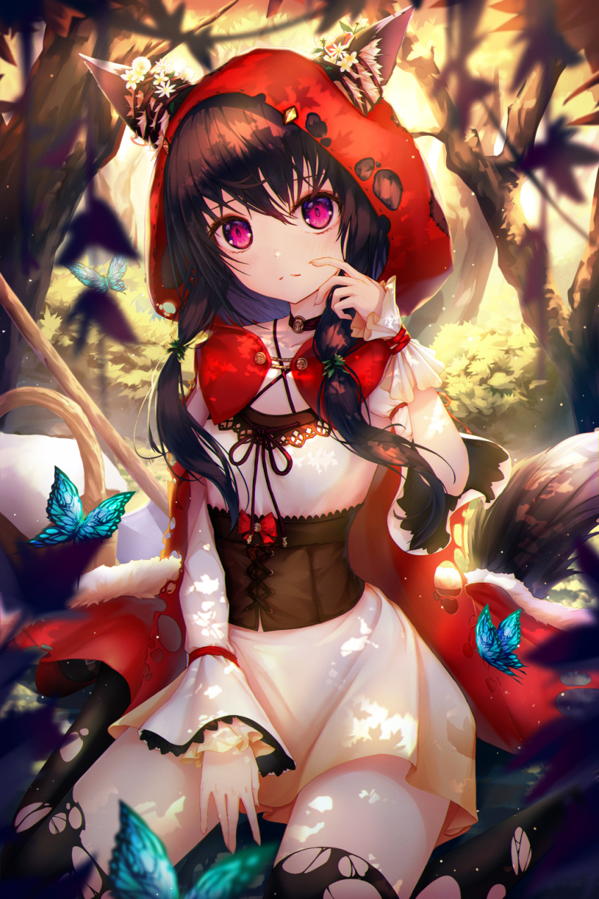 1girl animal_ear_fluff animal_ears bangs basket black_choker black_hair black_legwear blurry blush bow bug butterfly cape choker collarbone corset dappled_sunlight day depth_of_field dress ears_through_headwear flower forest h2o_(dfo) highres insect little_red_riding_hood long_hair long_sleeves looking_at_viewer nature on_ground original outdoors parted_lips pink_eyes red_bow scratching_cheek sidelocks smile sunlight tail thigh-highs torn_cape torn_clothes torn_legwear tree white_dress white_flower wolf_ears wolf_girl wolf_tail wrist_cuffs