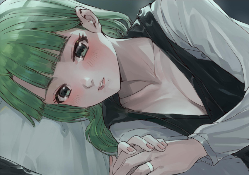 1girl bangs bed blunt_bangs blush breasts cleavage close-up collarbone eyelashes green_eyes green_hair highres jewelry kantai_collection lips long_hair long_sleeves looking_at_viewer lying mole mole_under_mouth on_side pillow ring shichikokaiyou solo thick_eyebrows yuugumo_(kantai_collection)