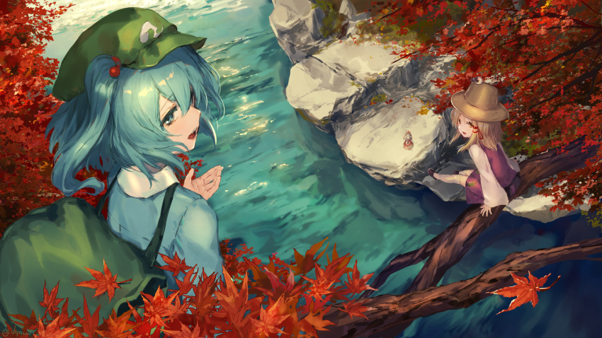 3girls arms_at_sides autumn autumn_leaves backpack bag blonde_hair blue_eyes blue_hair blue_shirt commentary_request day dqn_(dqnww) from_above from_behind green_headwear hair_bobbles hair_ornament hair_ribbon hand_up hat in_tree kagiyama_hina kawashiro_nitori leaf long_sleeves looking_at_viewer looking_back maple_leaf medium_hair moriya_suwako multiple_girls nature open_mouth outdoors purple_skirt purple_vest ribbon river rock shirt shoes sitting sitting_in_tree skirt skirt_set thigh-highs touhou tree tree_branch two_side_up vest water white_legwear white_shirt yellow_eyes