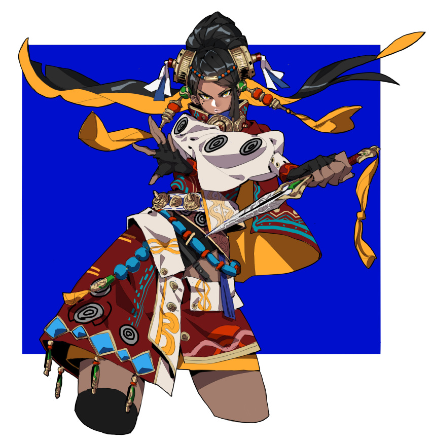 1girl black_hair black_legwear cropped_legs crossed_arms dagger dark_skin fighting_stance fingerless_gloves gloves hair_ornament highres holding holding_weapon lips makai mole mole_under_eye orange_eyes original reverse_grip short_hair solo thigh-highs very_dark_skin weapon