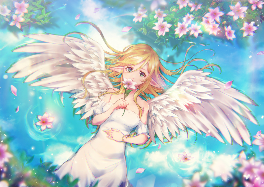 1girl absurdres angel_wings blonde_hair collar detached_sleeves dress eriko feathered_wings floating_hair flower from_above green_eyes highres holding holding_flower long_hair looking_at_viewer lying on_back original outdoors pointy_ears rainbow reflecting_pool shiny shiny_hair short_sleeves sleeveless sleeveless_dress solo strapless strapless_dress tube_dress water white_dress white_flower white_sleeves white_wings wings