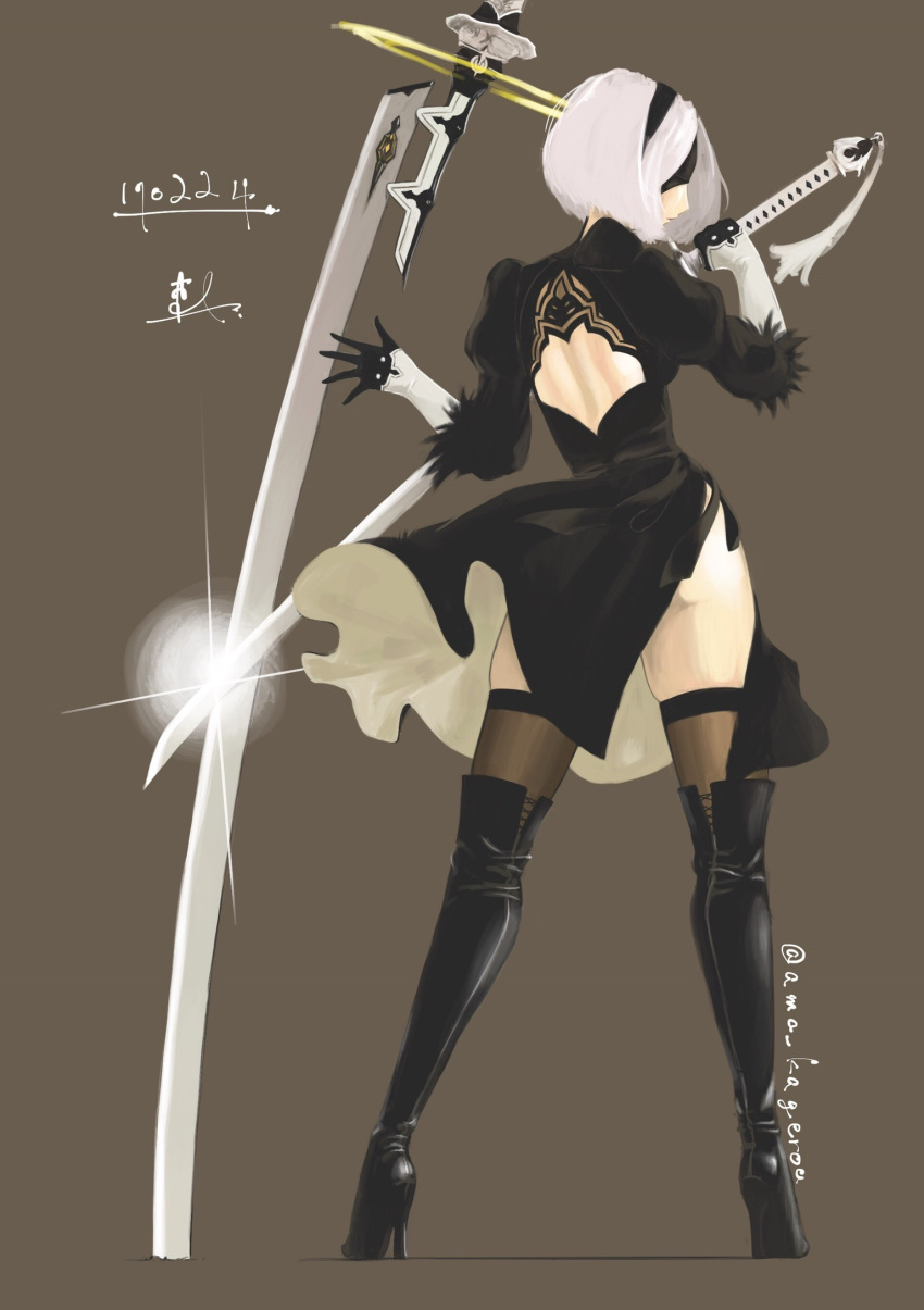 1girl ama_kagerou back_cutout black_dress black_gloves black_hair blindfold boots brown_legwear covered_eyes crossed_swords dress feather-trimmed_sleeves fighting_stance from_behind full_body gloves high_heel_boots high_heels highres juliet_sleeves katana long_sleeves nier_(series) nier_automata ootachi planted_sword planted_weapon puffy_sleeves short_hair side_slit silver_hair solo sword thigh-highs thigh_boots thighhighs_under_boots twitter_username vambraces virtuous_contract virtuous_treaty weapon yorha_no._2_type_b