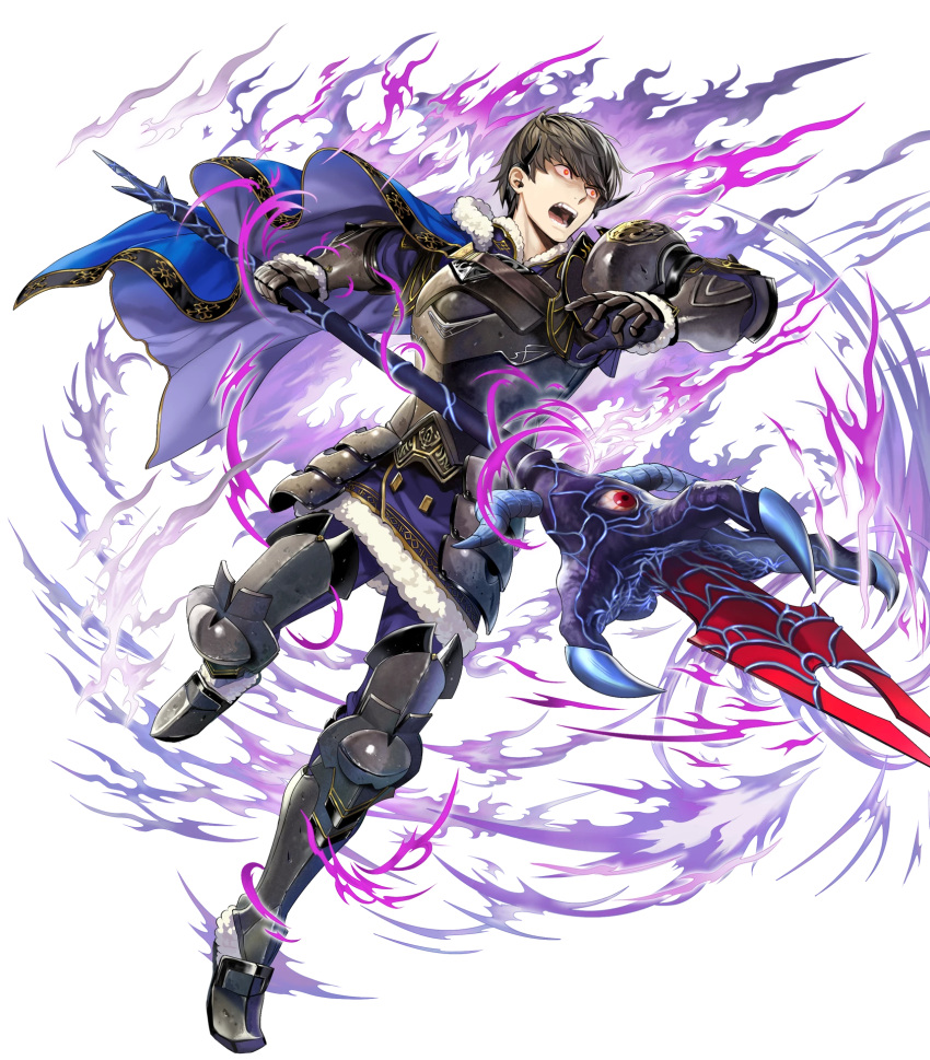 1boy armor berkut_(fire_emblem) cape fire_emblem fire_emblem_echoes:_mou_hitori_no_eiyuuou fire_emblem_heroes full_body fur_trim gloves highres holding holding_weapon male_focus mayachise nintendo official_art red_eyes short_hair solo transparent_background weapon