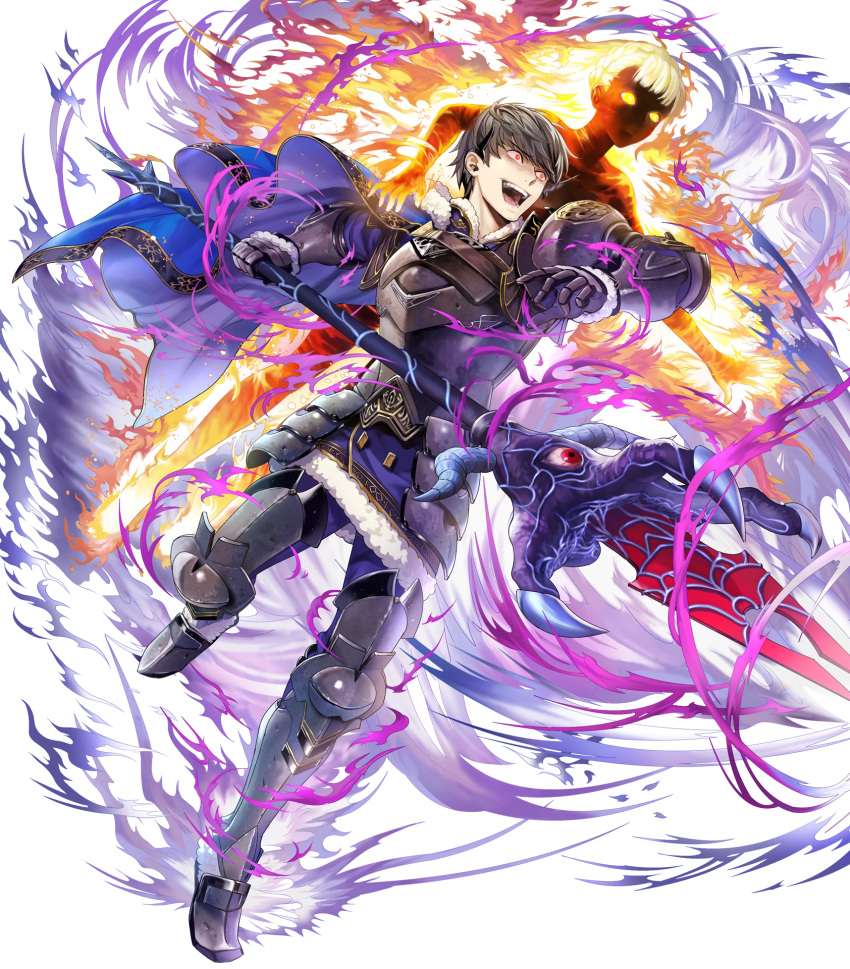 1boy 1girl armor berkut_(fire_emblem) cape fire_emblem fire_emblem_echoes:_mou_hitori_no_eiyuuou fire_emblem_heroes full_body fur_trim gloves highres holding holding_weapon linea_(fire_emblem) male_focus mayachise nintendo official_art red_eyes short_hair solo transparent_background weapon