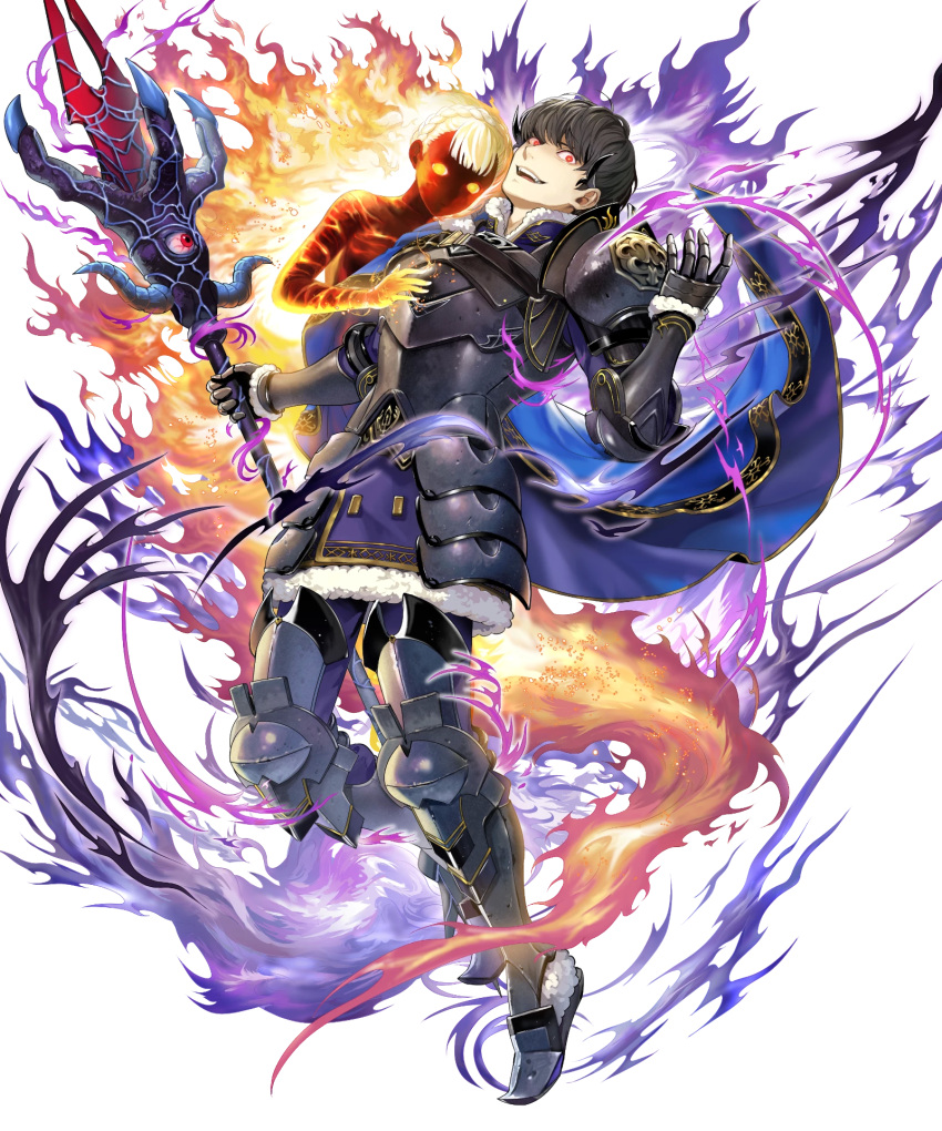 1boy 1girl armor berkut_(fire_emblem) cape fire_emblem fire_emblem_echoes:_mou_hitori_no_eiyuuou fire_emblem_heroes full_body fur_trim gloves highres holding holding_weapon linea_(fire_emblem) male_focus mayachise nintendo official_art red_eyes short_hair solo transparent_background weapon