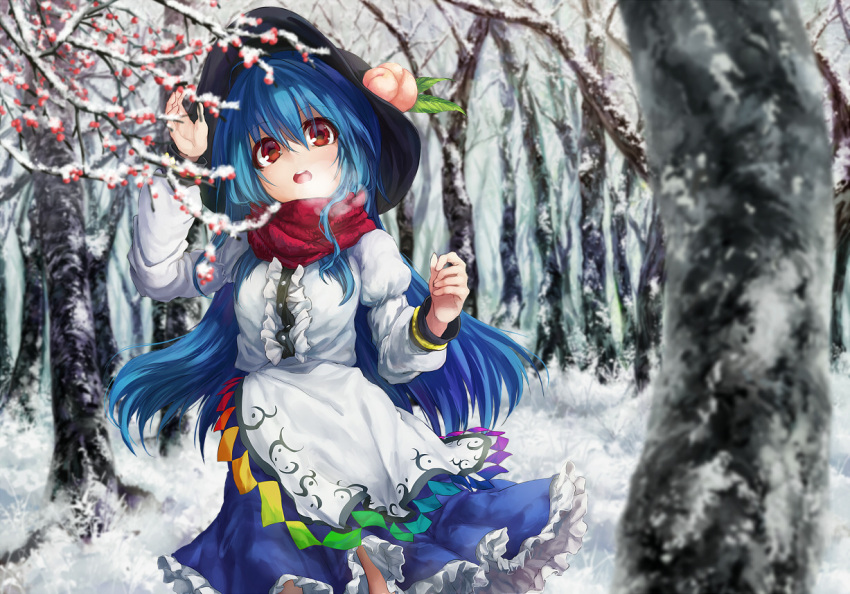 1girl bare_tree blue_hair blue_skirt blurry breath center_frills cowboy_shot day depth_of_field dqn_(dqnww) food forest frills fruit hand_up hat hinanawi_tenshi juliet_sleeves long_hair long_sleeves looking_at_viewer nature open_mouth outdoors peach petticoat puffy_sleeves red_eyes red_scarf scarf shirt skirt snow solo touhou tree very_long_hair white_shirt winter