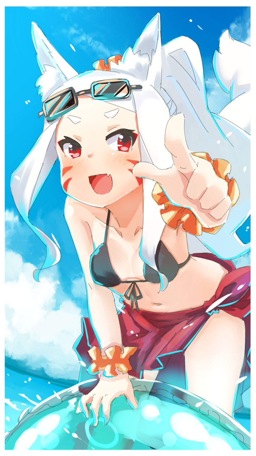 1girl animal_ear_fluff animal_ears ball beachball bikini bikini_top black_bikini black_bikini_top breasts clouds eyebrows eyewear_on_head facial_mark fang forehead foreshortening fox_ears fox_tail highres kuro_kosyou leaning_forward long_hair navel ocean open_mouth outdoors outstretched_arm pointing ponytail red_eyes red_sarong sarong scrunchie sewayaki_kitsune_no_senko-san shiro_(sewayaki_kitsune_no_senko-san) sky small_breasts smile solo sunglasses swimsuit tail white_hair wrist_scrunchie