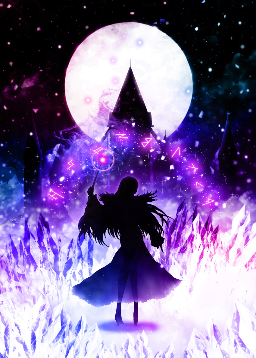 1girl castle dress fate/grand_order fate_(series) full_moon fur_collar harada_miyuki highres ice long_dress long_hair moon runes scathach_(fate)_(all) scathach_skadi_(fate/grand_order) see-through silhouette snow wand