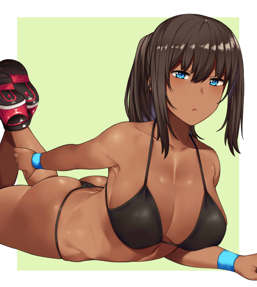 1girl absurdres ass bangs bikini black_bikini blue_eyes breasts brown_hair cleavage collarbone dark_skin fanbox_reward hai_ookami hand_on_own_leg highres large_breasts legs looking_at_viewer lying on_stomach original outside_border paid_reward parted_lips shiny shiny_skin shoes sidelocks simple_background solo stretch string_bikini swimsuit thong thong_bikini wristband