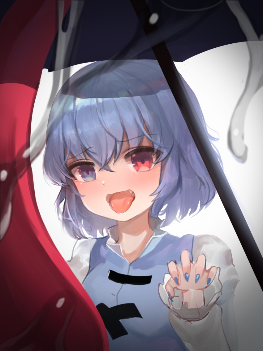 1girl bangs blue_dress blue_eyes blue_hair blue_nails blush claw_pose claws commentary_request dokomon dress fang heterochromia highres karakasa_obake korean_commentary long_sleeves nail_polish puffy_long_sleeves puffy_sleeves red_eyes saliva saliva_trail short_hair tatara_kogasa tongue touhou umbrella upper_body