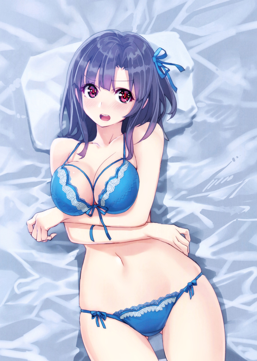 1girl absurdres ass_visible_through_thighs bangs bare_arms bare_shoulders bed_sheet blue_bra blue_hair blue_panties blush bra breasts cleavage collarbone eyebrows_visible_through_hair front-tie_bra hair_ribbon highres kantai_collection large_breasts lingerie looking_at_viewer lying medium_hair navel on_back open_mouth panties pillow ribbon scan shiny shiny_hair side-tie_panties solo stomach takao_(kantai_collection) underwear underwear_only violet_eyes yahako