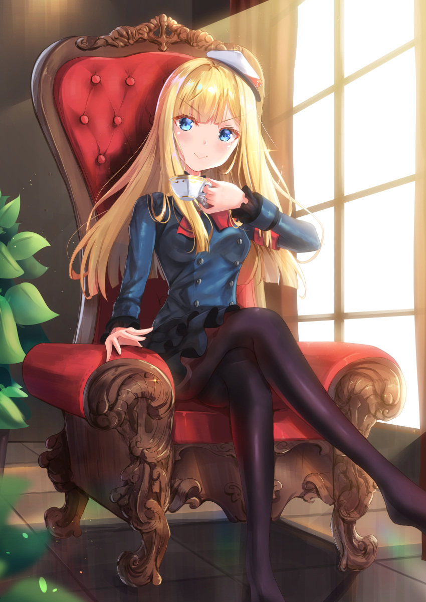 &gt;:) 1girl absurdres armchair bangs black_legwear black_skirt blonde_hair blue_coat blue_eyes blurry blurry_foreground blush chair closed_mouth commentary_request cup day depth_of_field eyebrows_visible_through_hair fate_(series) feet_out_of_frame hat highres holding holding_cup holmemee indoors layered_skirt long_hair long_sleeves lord_el-melloi_ii_case_files no_shoes on_chair pantyhose pleated_skirt reines_el-melloi_archisorte sitting skirt smile solo sunlight teacup tile_floor tiles tilted_headwear v-shaped_eyebrows very_long_hair white_headwear window