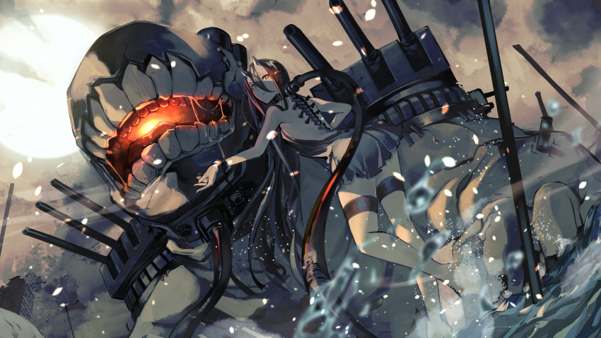 1girl absurdres ass backless_dress backless_outfit bangs battleship_hime black_dress black_hair breasts cannon clouds cloudy_sky dress eyebrows_visible_through_hair from_behind fujita_(condor) glowing glowing_eyes hair_between_eyes highres horns kantai_collection large_breasts long_hair looking_at_viewer looking_back oni_horns orange_eyes outdoors overcast pale_skin rigging shinkaisei-kan short_dress sidelocks sky splashing standing standing_on_liquid thigh_strap turret very_long_hair