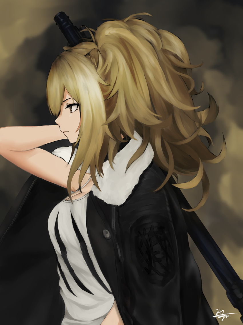 1girl animal_ears arknights axe bangs black_jacket blonde_hair breasts chaciooh expressionless from_side grey_eyes highres holding holding_axe jacket jacket_on_shoulders large_breasts lion_ears long_hair looking_afar messy_hair sidelocks siege_(arknights) signature solo tank_top upper_body white_tank_top