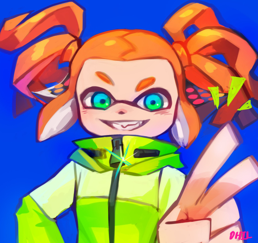 1girl artist_name blue_background blue_eyes domino_mask glint green_eyes grin headgear highres inkling jacket long_sleeves mask multicolored multicolored_eyes ohil_(ohil822) orange_hair short_hair smile solo sparkle splatoon splatoon_(series) splatoon_2 squidbeak_splatoon suction_cups tentacle_hair twintails v