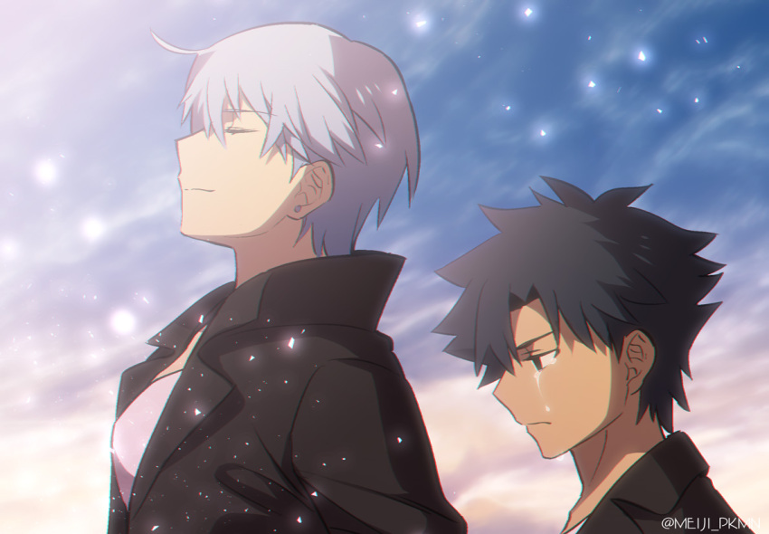 1boy 1girl black_coat black_hair closed_eyes coat crying crying_with_eyes_open day emiya_kiritsugu fate/zero fate_(series) from_side meiji_ken natalia_kaminski open_clothes open_coat outdoors profile short_hair silver_hair tears twitter_username upper_body