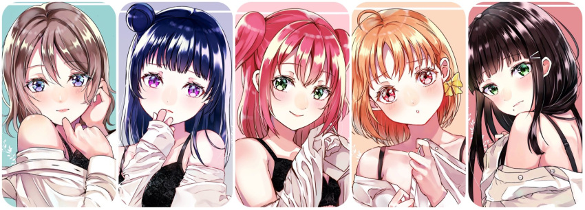 01komugi31 5girls bare_shoulders black_bra bra dress_shirt highres kurosawa_dia kurosawa_ruby long_sleeves looking_at_viewer love_live! love_live!_sunshine!! multiple_girls shirt takami_chika tsushima_yoshiko underwear upper_body watanabe_you white_shirt