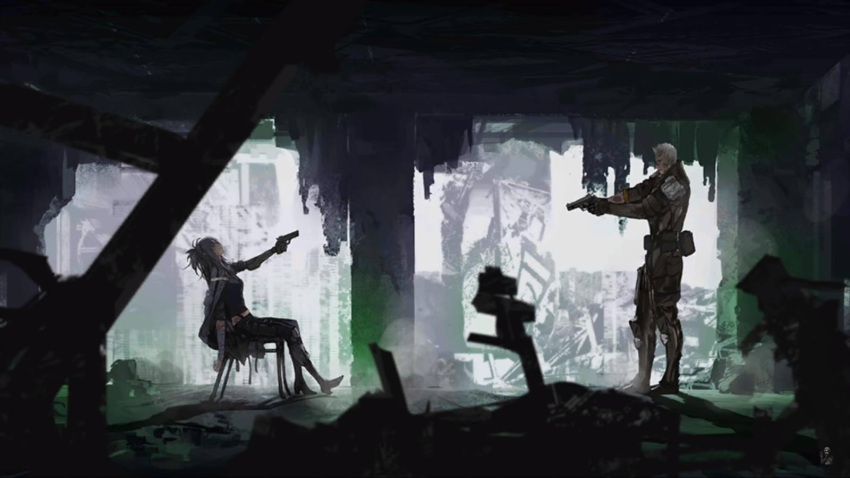 1boy 1girl angelina_(girls_frontline) girls_frontline gun highres holding holding_gun holding_weapon infukun looking_at_another ruins sitting spoilers weapon yegor_(girls_frontline)