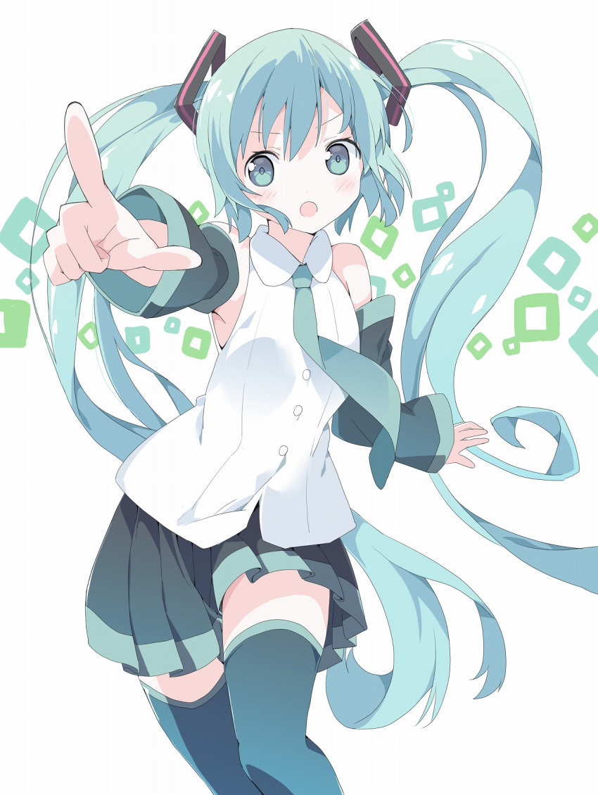 1girl :o bangs bare_shoulders black_skirt black_sleeves blush collared_shirt commentary_request detached_sleeves eyebrows_visible_through_hair green_eyes green_hair green_legwear green_neckwear hair_between_eyes hair_ornament hatsune_miku highres long_hair long_sleeves looking_at_viewer necktie open_mouth outstretched_arm pleated_skirt pointing pointing_at_viewer shirt skirt sleeveless sleeveless_shirt solo tantan_men_(dragon) thigh-highs twintails very_long_hair vocaloid white_background white_shirt