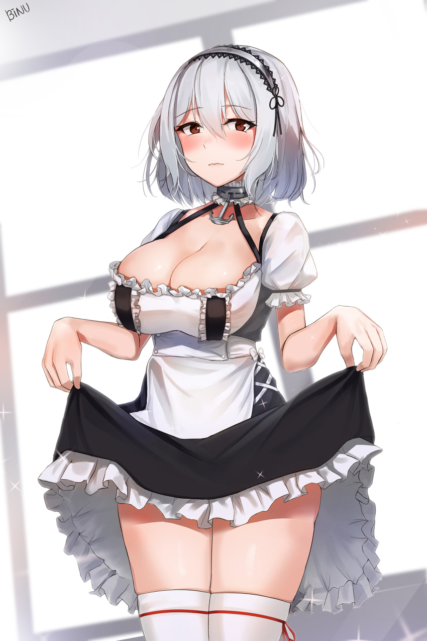 1girl absurdres azur_lane bangs blush breasts choker cleavage collarbone cowboy_shot dress dress_lift eyebrows_visible_through_hair frills hair_between_eyes hairband highres indoors lace-trimmed_hairband large_breasts lifted_by_self looking_at_viewer lv.p maid puffy_sleeves red_eyes ribbon ribbon-trimmed_legwear ribbon_trim short_hair short_sleeves sidelocks sirius_(azur_lane) solo thigh-highs white_hair white_legwear