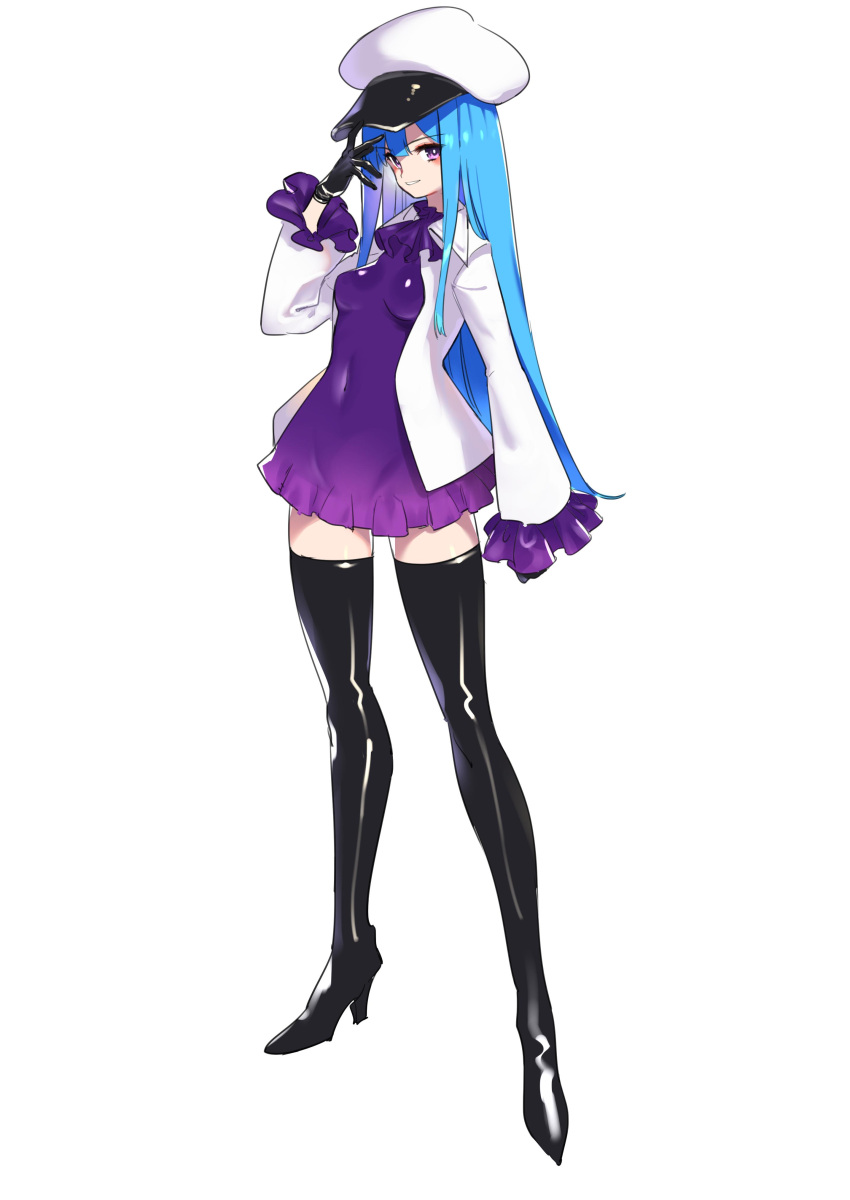 1girl 4410_(kanimiso) absurdres aqua_hair bangs black_footwear black_gloves blush boots breasts covered_navel detached_sleeves dress eyebrows_visible_through_hair full_body gloves hand_up hat high_heel_boots high_heels highleg highres jacket long_hair looking_at_viewer medium_breasts muse_dash open_clothes open_jacket parted_lips purple_dress shiny shiny_hair short_dress simple_background smile solo standing thigh-highs thigh_boots violet_eyes white_background white_jacket zettai_ryouiki