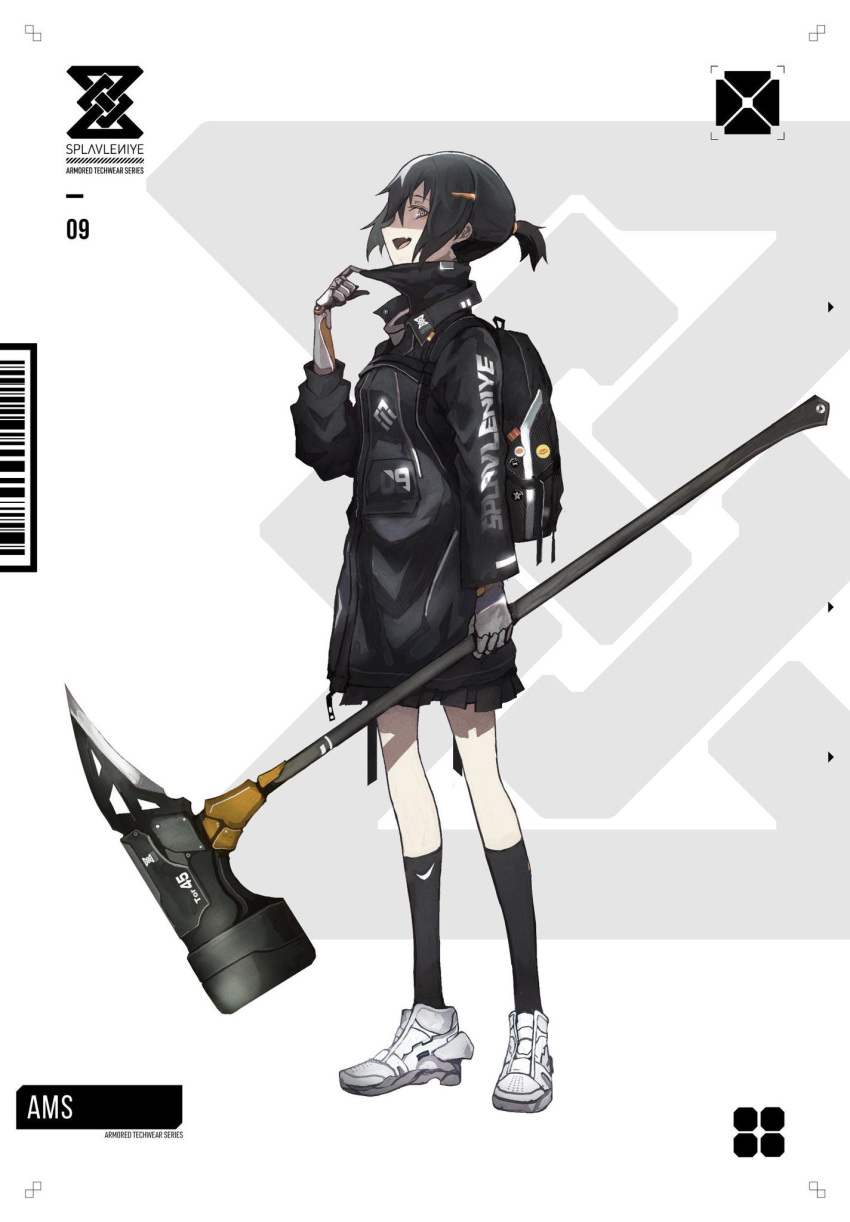 1girl :d backpack bag black_hair black_jacket black_legwear commentary_request fang full_body grey_background hammer high_collar highres holding holding_hammer jacket kneehighs long_sleeves mechanical_hands open_mouth original ponytail sanshouuo shoes short_ponytail sideways_mouth smile solo standing two-tone_background white_background white_footwear