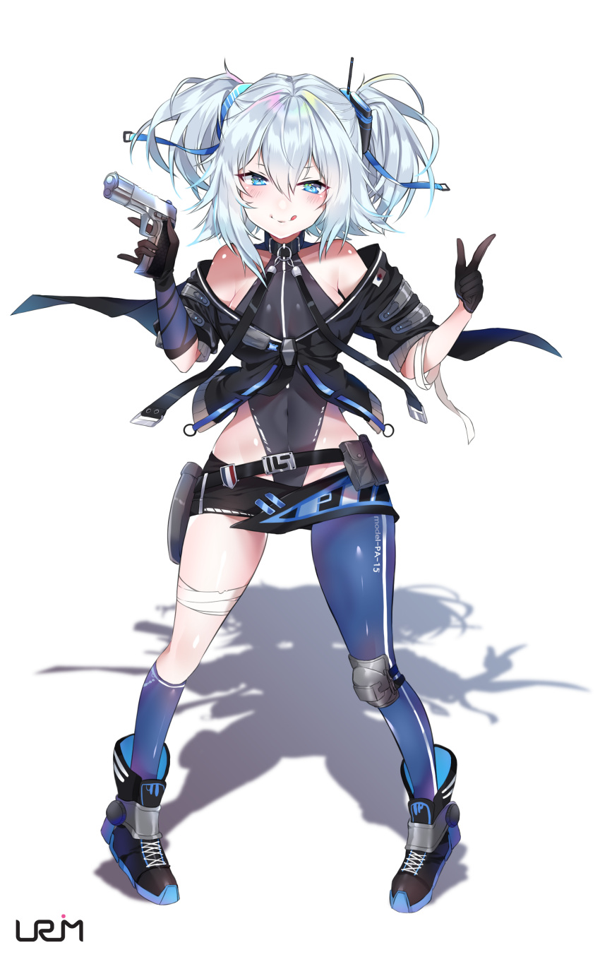 1girl :q absurdres asymmetrical_legwear bare_shoulders black_capelet black_gloves black_jacket black_leotard black_skirt blue_eyes blue_legwear blush capelet covered_navel cropped_jacket finger_gun full_body girls_frontline gloves gun hair_between_eyes hands_up highres holding holding_gun holding_weapon holster jacket knee_pads kneehighs leotard looking_at_viewer mab_pa-15 medium_hair miniskirt off_shoulder pa-15_(girls_frontline) shadow signature silver_hair simple_background skirt solo spread_legs standing thigh-highs tongue tongue_out twintails urim_(paintur) weapon white_background