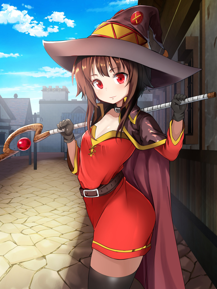 1girl absurdres belt breasts brown_hair cape clouds dress from_side gloves hat highres holding holding_staff huge_filesize kono_subarashii_sekai_ni_shukufuku_wo! long_sleeves looking_at_viewer megumin min_(minsik) outdoors red_dress red_eyes sky small_breasts solo staff standing thigh-highs town