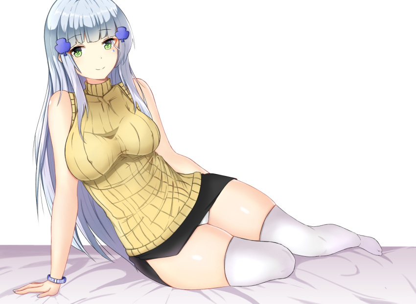 1girl arm_support bangle bangs bare_shoulders black_skirt blunt_bangs blush bracelet breasts casual erect_nipples eyebrows_visible_through_hair facial_mark girls_frontline green_eyes hair_ornament hk416_(girls_frontline) jewelry large_breasts long_hair looking_at_viewer nahanmin pencil_skirt ribbed_sweater silver_hair skindentation skirt solo sweater sweater_vest teardrop thigh-highs thighs turtleneck very_long_hair white_legwear yellow_sweater