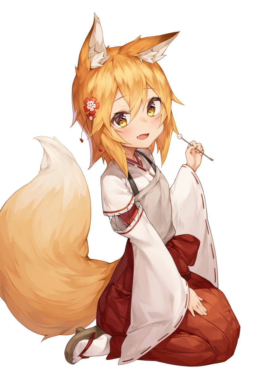 1girl absurdres animal_ear_fluff animal_ears bangs blonde_hair blush commentary_request eyebrows_visible_through_hair fang flower fox_ears fox_tail hair_between_eyes hair_flower hair_ornament hakama highres japanese_clothes kimono lap_pillow_invitation long_sleeves looking_at_viewer miko mimikaki mokew open_mouth red_hakama ribbon-trimmed_sleeves ribbon_trim seiza senko_(sewayaki_kitsune_no_senko-san) sewayaki_kitsune_no_senko-san sitting smile solo tail wide_sleeves