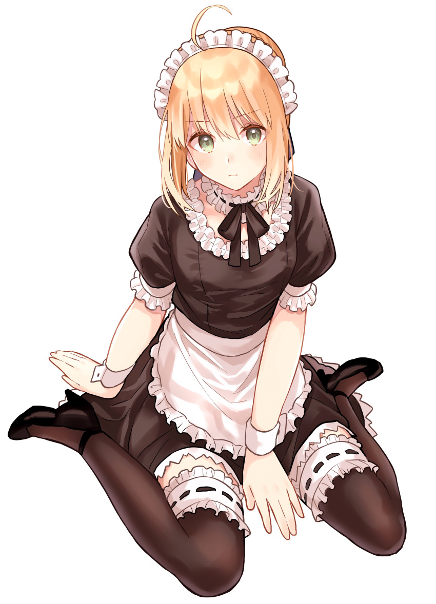 1girl absurdres ahoge alternate_costume apron artoria_pendragon_(all) bangs black_legwear blonde_hair blush braid choker enmaided eyebrows_visible_through_hair fate/stay_night fate_(series) french_braid frilled_choker frills frown green_eyes hair_ribbon high_heels highres looking_at_viewer lq_saku maid maid_headdress medium_hair puffy_sleeves ribbon saber short_sleeves simple_background sitting solo thigh-highs waist_apron wariza white_background wrist_cuffs