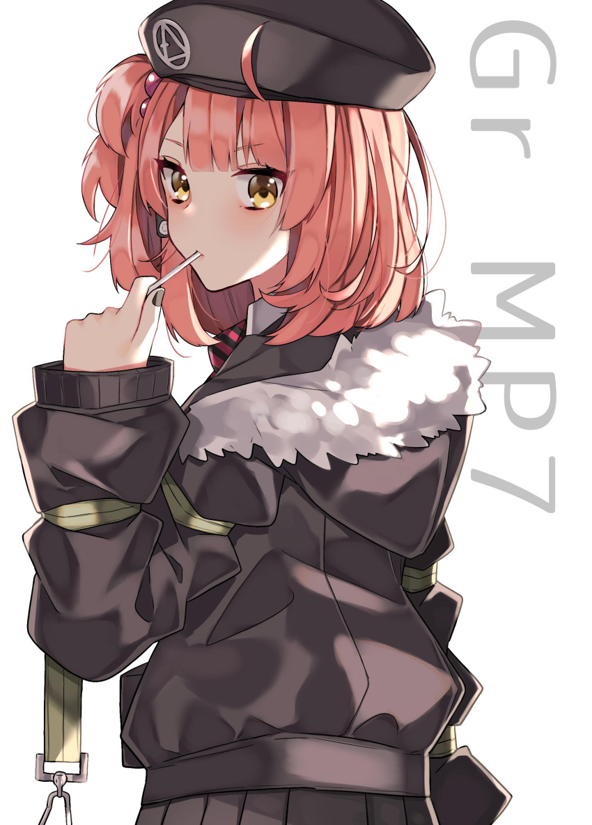 1girl absurdres ahoge aogisa arm_strap bangs black_headwear black_jacket black_nails black_skirt blunt_bangs cabbie_hat candy character_name commentary_request earphones eating food from_behind fur-trimmed_jacket fur_trim girls_frontline hair_bobbles hair_ornament hand_up hat highres jacket lollipop long_sleeves looking_at_viewer looking_back medium_hair mp7_(girls_frontline) nail_polish necktie one_side_up pleated_skirt shirt simple_background skirt solo striped striped_neckwear white_background white_shirt yellow_eyes