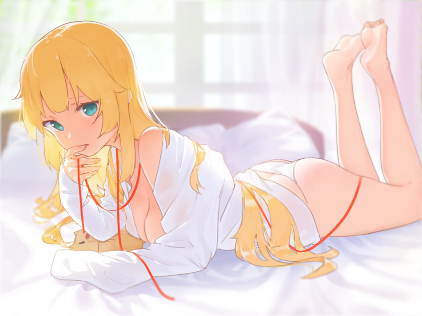 1girl akai_haato ass bangs bare_legs barefoot bed bed_sheet blonde_hair blue_eyes blurry blurry_background blush breast_press breasts cleavage commentary_request curtains depth_of_field dress_shirt eyebrows_visible_through_hair finger_to_mouth highres hololive indoors long_hair long_sleeves looking_at_viewer lying off_shoulder on_bed on_stomach panties parted_lips red_ribbon ribbon shirt sleeves_past_wrists soles solo toes underwear ur_unco virtual_youtuber white_panties white_shirt window