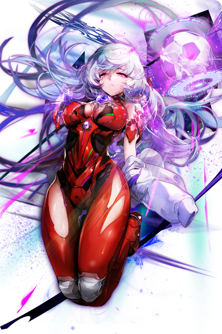 1girl ball bodysuit breasts cleavage frown full_body glayde highres jacket jacket_removed kneeling legs_together light_blue_hair long_hair looking_at_viewer medium_breasts official_art pink_eyes red_bodysuit soccer_ball soccer_spirits solo tears thigh_gap very_long_hair white_hair white_jacket zis