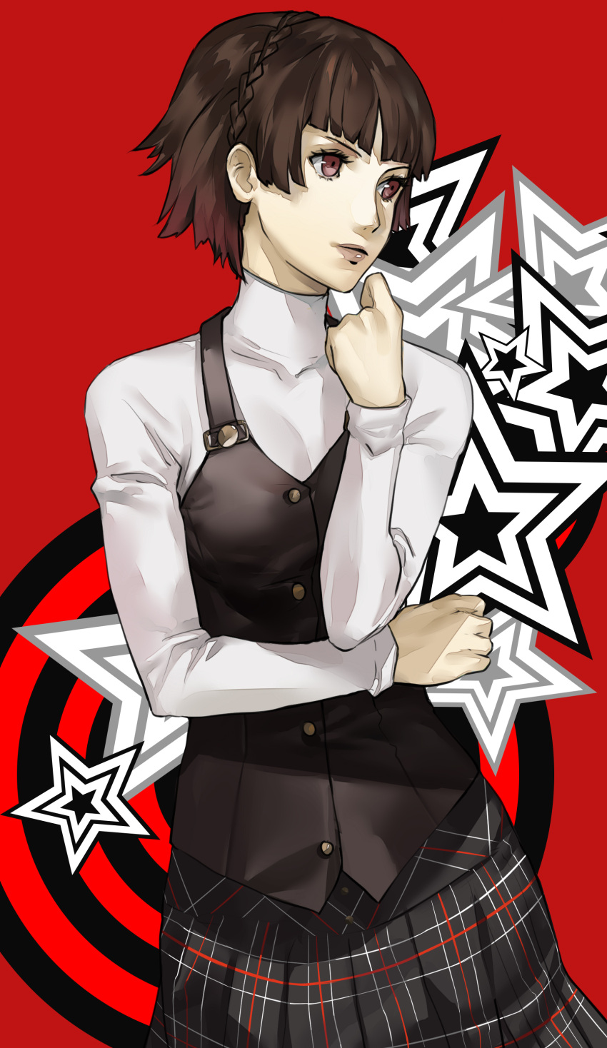 1girl absurdres blazpu brown_hair highres niijima_makoto persona persona_5 red_eyes short_hair skirt solo