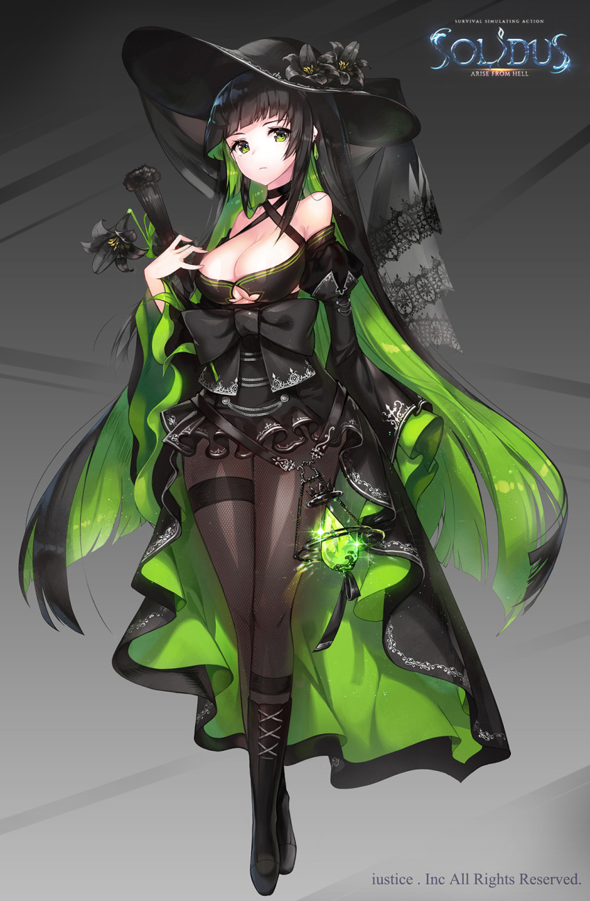 1girl absurdly_long_hair apple_caramel black_hair black_headwear black_legwear blush breasts cleavage closed_mouth collarbone eyebrows_visible_through_hair full_body green_eyes green_hair hat highres large_breasts long_hair looking_at_viewer multicolored_hair official_art original pantyhose revision very_long_hair