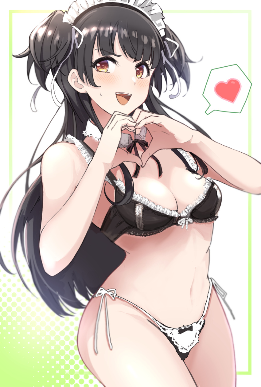 1girl bangs bikini black_bikini black_hair black_neckwear blush breasts brown_eyes cleavage commentary_request detached_collar frilled_bikini frills hair_ribbon halftone heart heart_hands highres idolmaster idolmaster_shiny_colors long_hair maid_bikini maid_day mayuzumi_fuyuko navel neck_ribbon otsumami_(otsu-mugi) ribbon side-tie_bikini sidelocks small_breasts solo spoken_heart sweatdrop swimsuit two_side_up white_ribbon