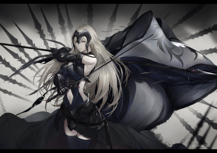 1girl ahoge armor armored_dress artist_name bangs black_dress black_legwear breasts brown_eyes chains cleavage closed_mouth commentary_request dress eyebrows_visible_through_hair fate/grand_order fate_(series) flag gauntlets grey_hair hair_between_eyes headpiece highres holding holding_flag holding_sword holding_weapon jeanne_d'arc_(alter)_(fate) jeanne_d'arc_(fate)_(all) letterboxed long_hair looking_at_viewer marumoru medium_breasts navel navel_cutout sleeveless sleeveless_dress solo sword thigh-highs very_long_hair weapon