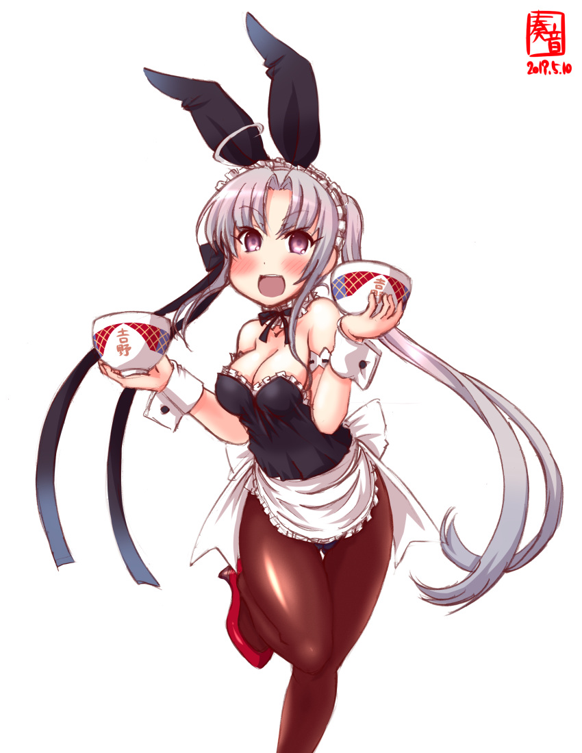 1girl absurdres ahoge akitsushima_(kantai_collection) alternate_costume animal_ears apron artist_logo black_leotard black_ribbon blush bow bowl bowtie breasts brown_legwear bunnysuit cleavage collarbone commentary_request cowboy_shot dated detached_collar eyebrows_visible_through_hair fake_animal_ears frilled_apron frills grey_hair hair_ribbon high_heels highres kanon_(kurogane_knights) kantai_collection leotard long_hair looking_at_viewer maid_headdress medium_breasts neck_ribbon open_mouth pantyhose purple_hair rabbit_ears red_footwear ribbon round_teeth sidelocks signature simple_background smile solo standing standing_on_one_leg strapless strapless_leotard tail teeth upper_teeth violet_eyes waist_apron white_apron white_background wrist_cuffs