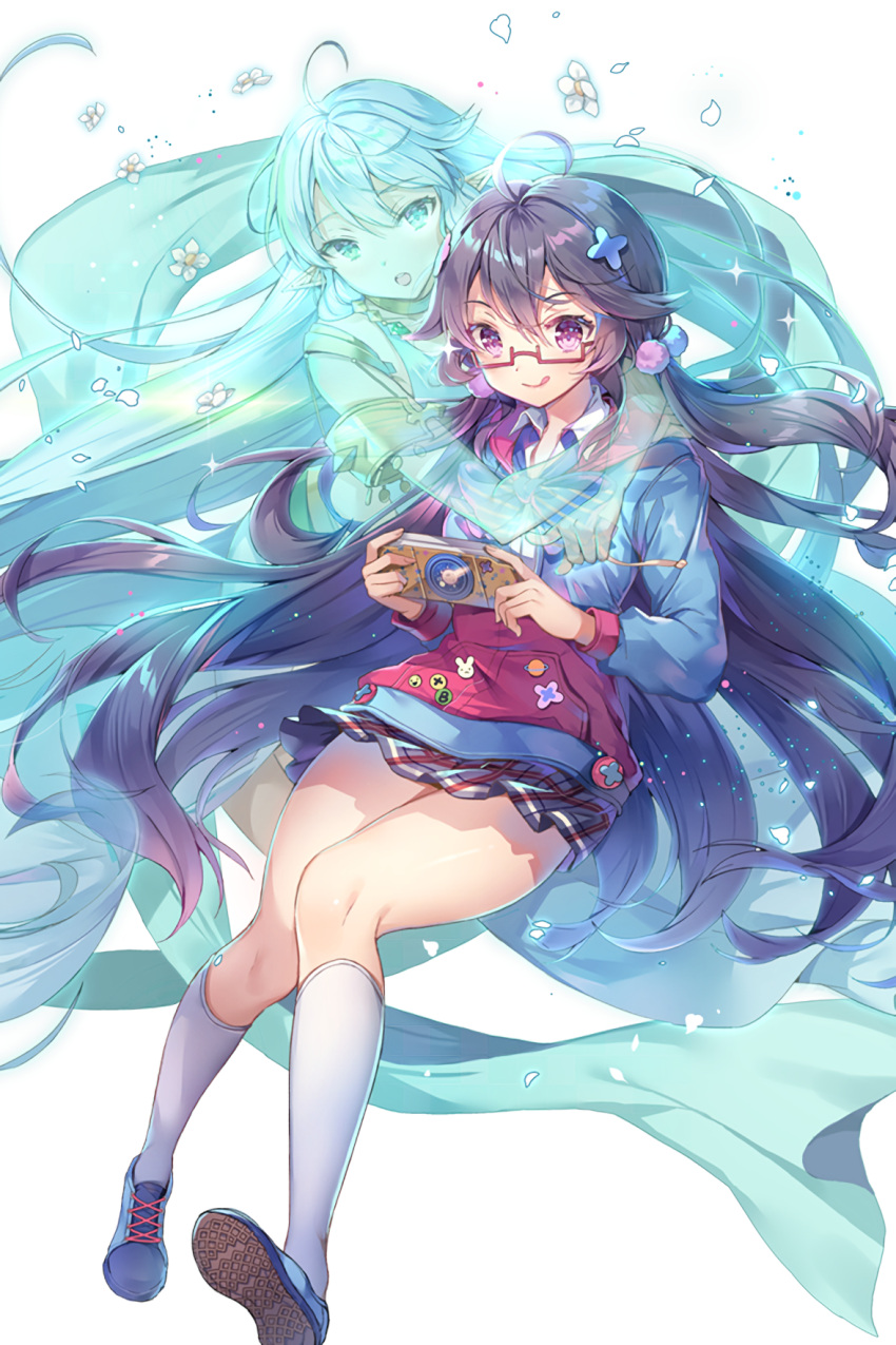 1girl :o ahoge aiolos_(soccer_spirits) alternate_form aqua_eyes badge black_hair blue_bow blue_jacket bow button_badge cellphone flower glasses hair_bobbles hair_ornament highres holding holding_phone hologram jacket kneehighs licking_lips long_hair long_sleeves looking_at_viewer multiple_girls official_art petals phone plaid plaid_skirt pocket pointy_ears red-framed_eyewear shoes skirt smartphone sneakers soccer_spirits striped striped_bow tongue tongue_out very_long_hair white_hair white_legwear x_hair_ornament yeonwa