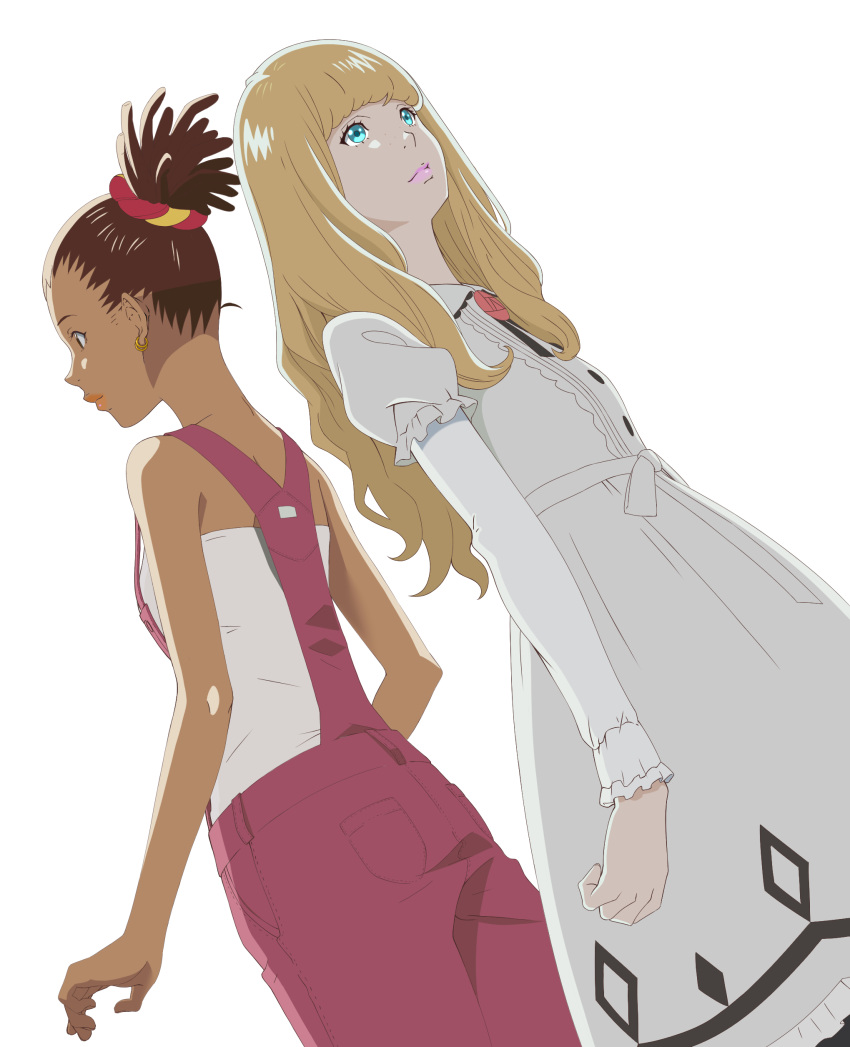 1girl absurdres blonde_hair carole_&amp;_tuesday carole_stanley dark_skin earrings highres jewelry official_style overalls simple_background sleeveless transparent_background tuesday_simmons tutiya11