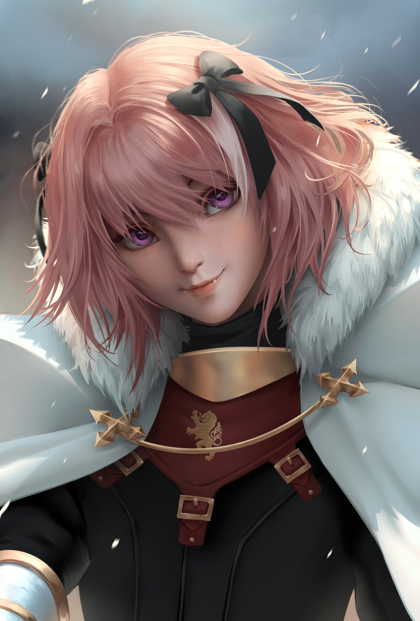 1boy absurdres armor astolfo_(fate) black_bow bow chuby_mi cloak commentary english_commentary fang fang_out fate/grand_order fate_(series) fur-trimmed_cloak fur_trim gorget hair_bow hair_intakes highres lips looking_at_viewer male_focus nose pink_hair portrait short_hair solo violet_eyes white_cloak