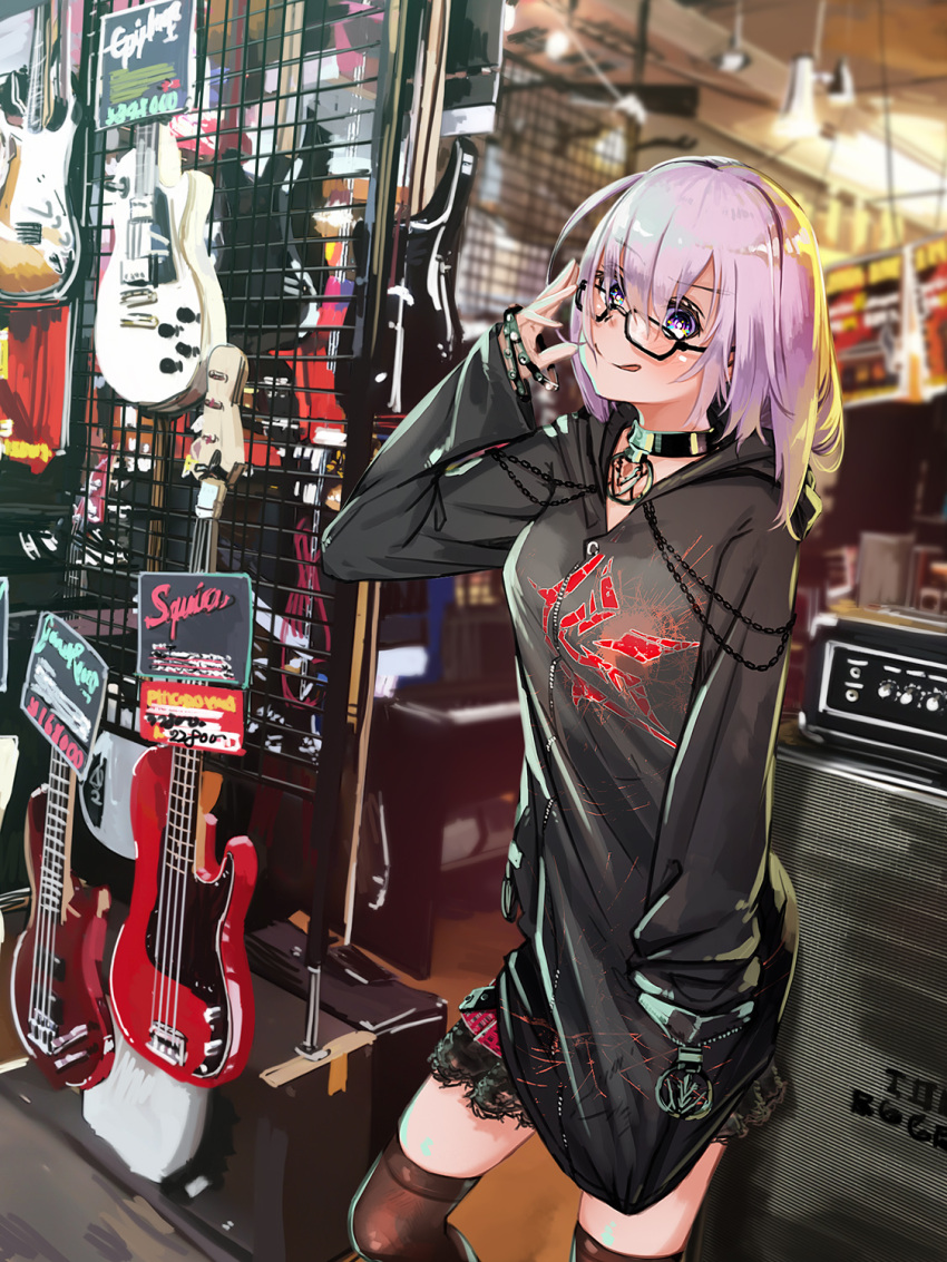 1girl bass_guitar black_dress black_legwear bracelet chain_necklace choker commentary_request dress electric_guitar fate/grand_order fate_(series) glasses guitar guitar_(guitars) hair_over_one_eye highres hood hooded_jacket instrument jacket jewelry lavender_hair logo mash_kyrielight nigorimizu purple_hair shop short_hair tongue tongue_out violet_eyes