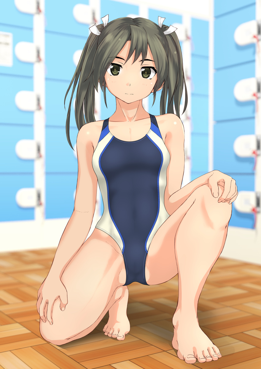 1girl barefoot blurry collarbone commentary_request competition_swimsuit depth_of_field disconnected_mouth expressionless flat_chest full_body green_eyes grey_hair hand_on_own_knee highres kantai_collection kneeling locker locker_room long_hair looking_at_viewer one-piece_swimsuit solo swimsuit takafumi twintails zuikaku_(kantai_collection)