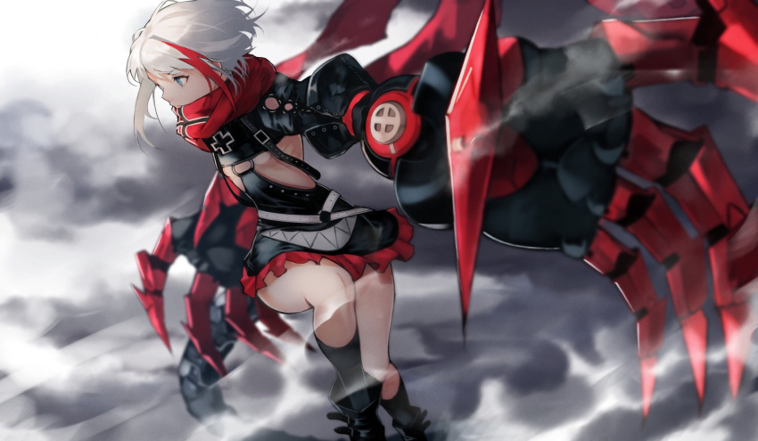 1girl 55level admiral_graf_spee_(azur_lane) azur_lane black_footwear blue_eyes boots breasts claws clouds commentary english_commentary highres iron_cross leather_skirt looking_to_the_side mechanical_arm mechanical_arms mechanical_tail multicolored_hair red_scarf redhead scarf shark_tail short_hair small_breasts solo strap streaked_hair tail under_boob white_hair