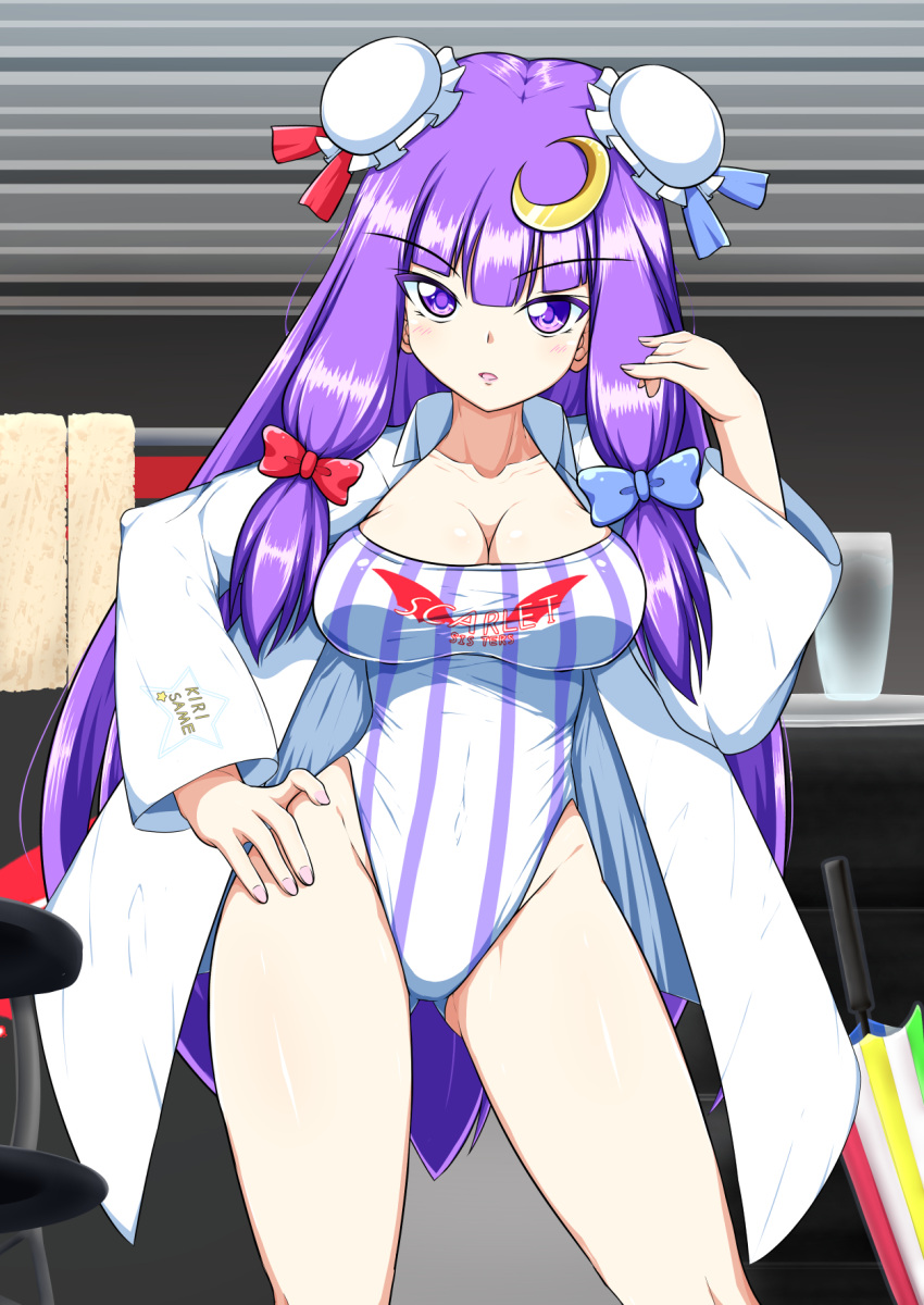 1girl borrowed_design breasts bun_cover cleavage collarbone commentary_request contrapposto cowboy_shot crescent crescent_hair_ornament hair_ornament hat highleg highleg_leotard highres kagayama_hajime labcoat large_breasts leotard long_hair looking_at_viewer mob_cap patchouli_knowledge purple_hair racequeen solo strapless strapless_leotard striped striped_leotard touhou very_long_hair violet_eyes