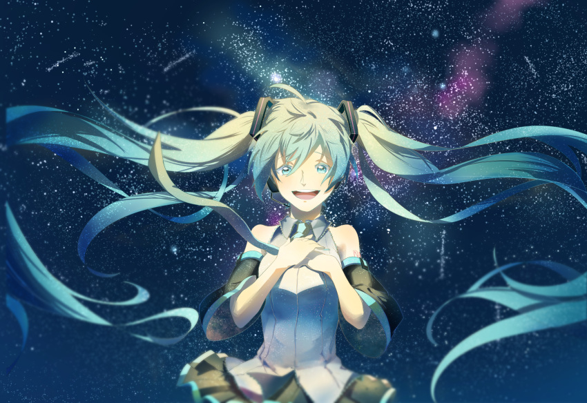 1girl :d bare_shoulders black_skirt blue_eyes blue_hair blue_neckwear breasts clothes_lift commentary detached_sleeves english_commentary floating_hair hands_on_own_chest hatsune_miku highres long_hair ludou_maomao medium_breasts necktie night night_sky open_mouth pleated_skirt shirt skirt skirt_lift sky sleeveless sleeveless_shirt smile solo star_(sky) starry_sky teeth twintails upper_body upper_teeth very_long_hair vocaloid white_shirt