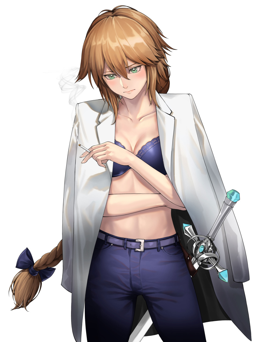 1girl absurdres belt blonde_hair blue_bow blue_bra bow bra braid breasts cigarette cleavage closed_mouth collarbone collared_shirt denim eyebrows fate/grand_order fate_(series) frown green_eyes highres holding holding_cigarette jeanne_d'arc_(fate) jeanne_d'arc_(fate)_(all) jeans joe_(j_studio) long_hair looking_away looking_down medium_breasts pants shirt smoke smoking solo sword underwear very_long_hair weapon white_shirt