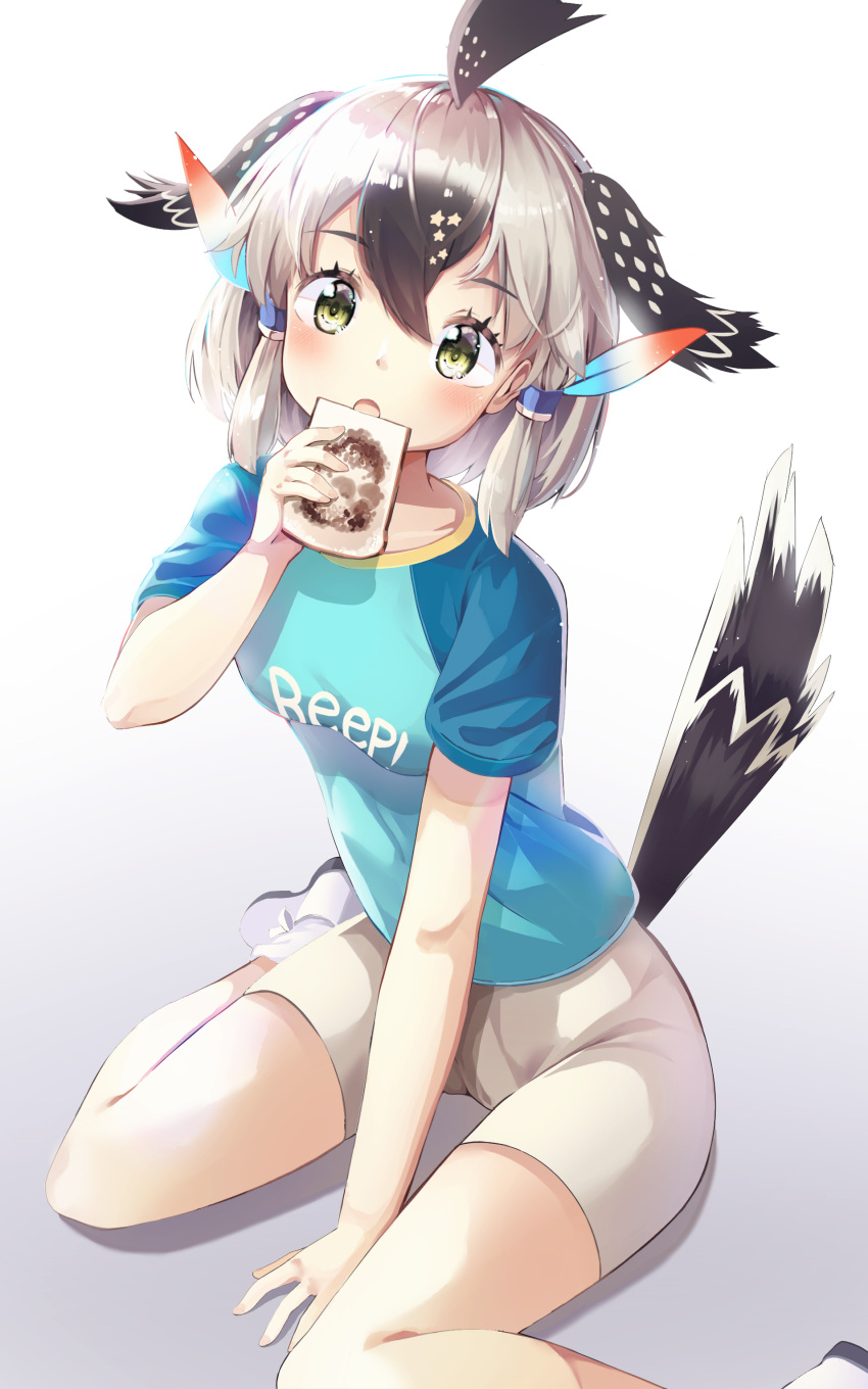 1girl absurdres animal_ears_(artist) bird_tail bird_wings black_hair blush commentary eating eyebrows_visible_through_hair feathers food greater_roadrunner_(kemono_friends) grey_hair hair_feathers head_wings highres kemono_friends multicolored_hair shirt shoes short_hair short_sleeves shorts sidelocks sitting sneakers socks solo star t-shirt toast wariza wings yellow_eyes