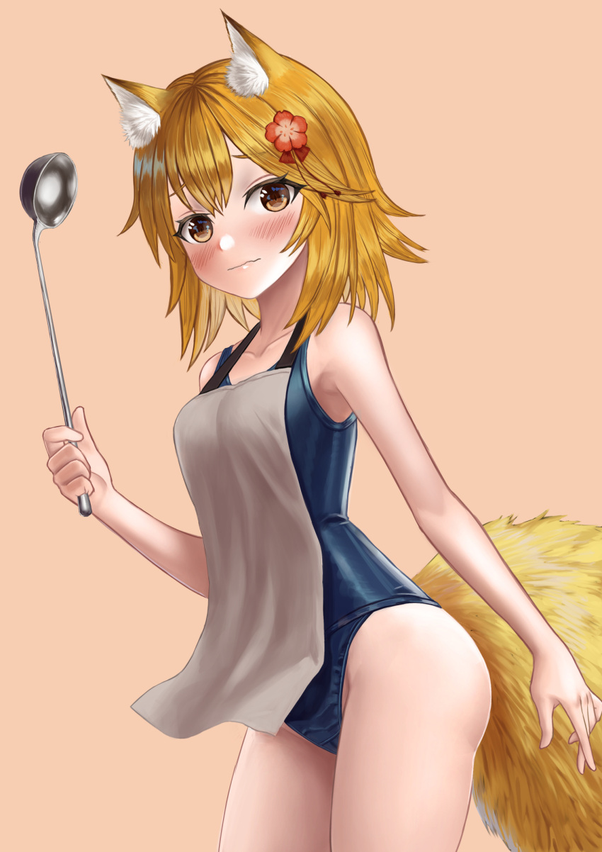 1girl animal_ear_fluff animal_ears apron arisku bangs bare_arms bare_shoulders blonde_hair blush breasts brown_apron brown_eyes closed_mouth collarbone commentary_request eyebrows_visible_through_hair flower fox_ears fox_girl fox_tail hair_between_eyes hair_flower hair_ornament highres holding ladle red_flower school_swimsuit senko_(sewayaki_kitsune_no_senko-san) sewayaki_kitsune_no_senko-san small_breasts solo swimsuit swimsuit_under_clothes tail